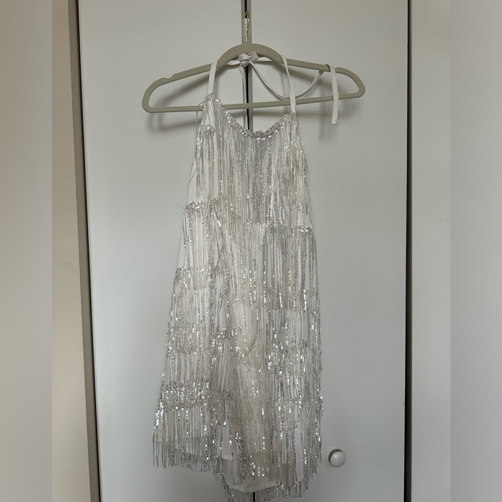 White, fringe, sequin mini dress